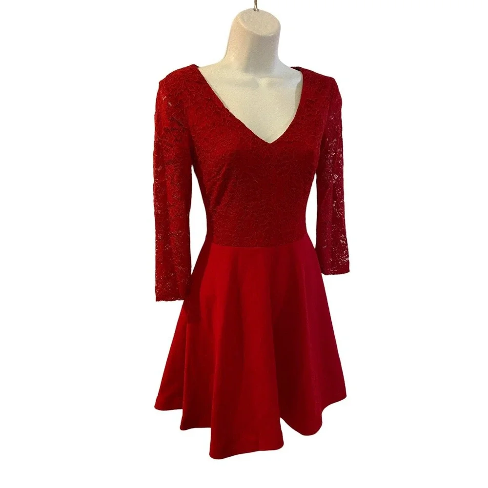 B. Darlin Lace Crepe Ruby Red Bow Back Skater Cocktail Party Bow Back Mini Dress - Picture 4 of 15
